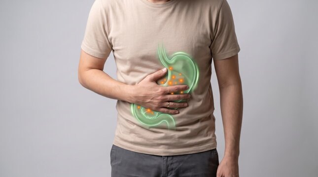 Man suffering from stomach pain holding abdomen with hands, medical illustration of digestive system overlay showing gastritis or ulcer symptoms, healthcare for gastrointestinal