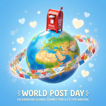 World Post Day globe with flying envelopes illustration.
