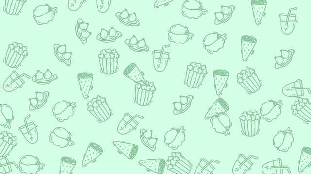 Seamless pattern with hand drawn food and drink icons on light green background.