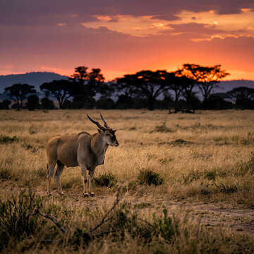 African antelope standing in savanna during golden sunset.