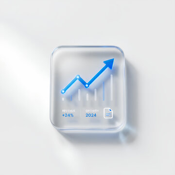 3D glass icon showing rising growth arrow chart.