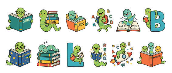 Cute cartoon worms reading books and learning