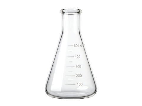 clear glass erlenmeyer flask laboratory chemistry equipment isolated on transparent background