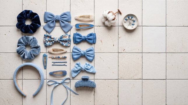 Blue Bow Hair Accessories and Clips Collection on White Tile.