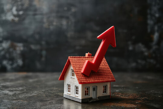 Rising cost of living and housing costs as mortgage repayments climb, a red arrow soaring above a family home to warn of higher prices