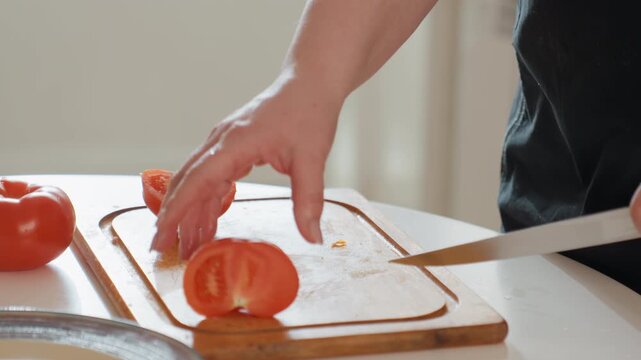 Close view of hands slicing ripe red tomato on wooden cutting board, with supporting hand steadying halves while knife moves downward through center, fresh juice visible under soft diffuse kitchen
