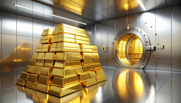 Gold Bars Stacked Inside a Secure Bank Vault