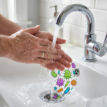 Washing hands with bacteria illustration.