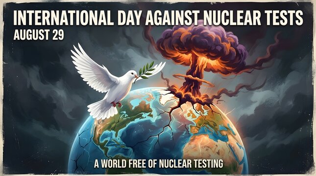 White dove flying over globe with mushroom cloud