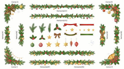 Fototapeta premium Beautiful collection of festive green garlands, sparkling golden ornaments, and elegant corner embellishments, perfect for holiday shopping campaign designs