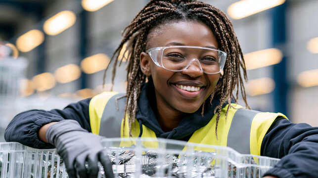 African female warehouse worker wearing safety glasses and a reflective vest smiles while leaning on a container filled with items in a large industrial facility
