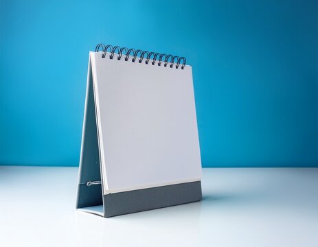 blank spiral bound desk calendar standing on a white surface with soft blue background