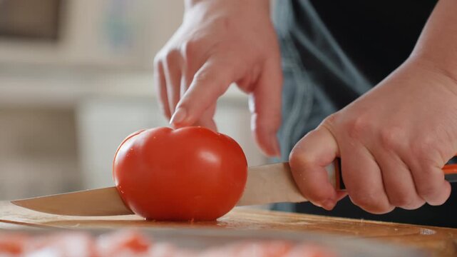 Adult hands slice ripe tomato on wooden cutting board under soft natural window light, knife pressing through red flesh while other hand steadies produce, showing fresh kitchen preparation and clean