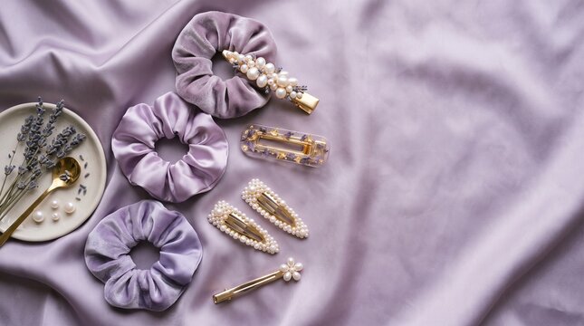 Lavender Aesthetic Scrunchies and Pearl Hair Barrettes on Satin Fabric.