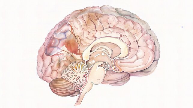 Brain cancer watercolor medical illustration, malignant brain tumor in cerebral hemisphere, human brain sagittal cross‑section anatomy