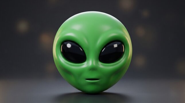 Glowing neon green 3D alien emoji face with large black eyes for futuristic digital design