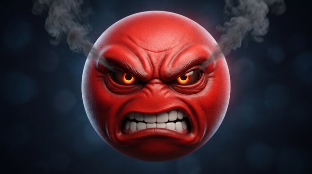 3D angry red emoji face with furrowed brows and snarling expression isolated on black