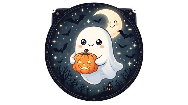  (cute cartoon white ghost holding glowing jack-o'-lantern with smiling crescent moon and bats in starry night, enclosed in dark circular border)