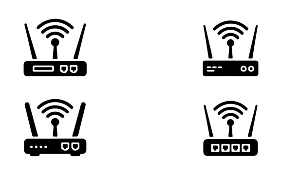 Four different black icons of routers with antennas and wifi signals for network connectivity and wireless communication.
