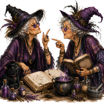 Two Sassy Older Witches Arguing Over Spellbook with Cauldron and Black Cat