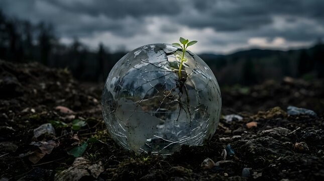 Small green plant growing on a cracked earth mound