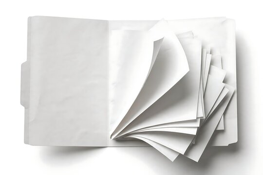 Open white paper folder with fanned pages isolated on white background