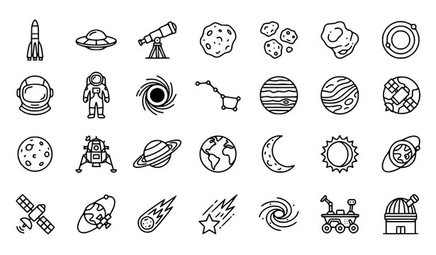 Astronomy and space exploration outline icon set with rocket UFO telescope astronaut planets and asteroid