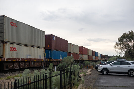Intermodal Shipping Containers on Freight Train Through Flagstaff, Arizona