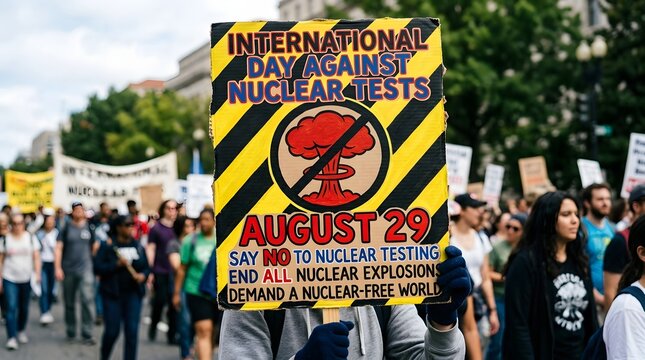 Protester holding anti-nuclear test sign on street