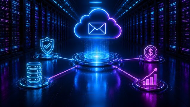 Cloud computing network data center with glowing neon icons for email security, finance, and analytics