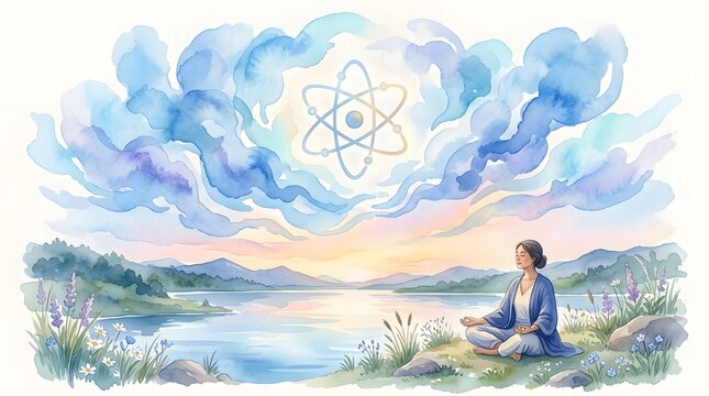 Woman meditating by serene lake at sunset