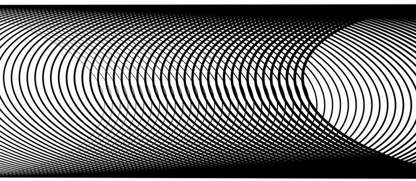 Abstract moire pattern with black curved lines, geometric optical illusion background, monochrome wavy graphic texture for modern design isolated on White Background