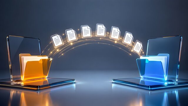 Glowing digital folders transferring document files over network, for cloud computing and data migration concept