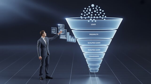 Abstract sales funnel concept with digital data processing for lead generation and marketing growth.