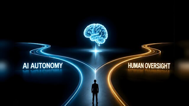 Businessman at glowing crossroads deciding between artificial intelligence autonomy and human oversight