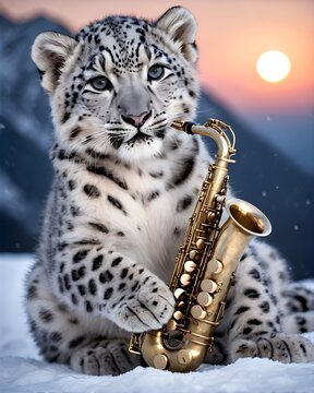 A snow leopard cub in an astral scatter playing a saxophone. 
