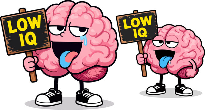 Funny cartoon brain character holding low IQ sign, humorous pink brain mascot with silly expression, stupid mind vector illustration