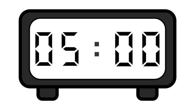video of a basic and simple black digital clock on a white background showing the time 05:00