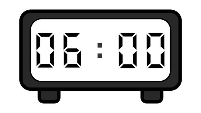 video of a basic and simple black digital clock on a white background showing the time 06:00