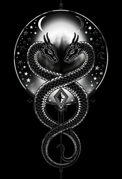 Two serpents entwine under moon and stars in black and white design