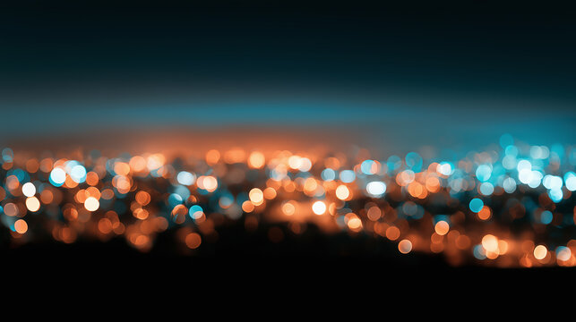 Completely out-of-focus city night scene presenting an abstract pattern of orange and blue circular light spots.