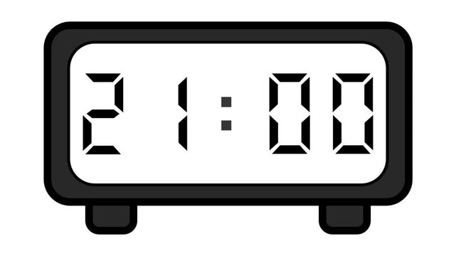 video of a basic and simple black digital clock on a white background showing the time 21:00
