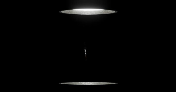 Glowing artificial intelligence computer ram module scaling up and floating between spotlights in dark space