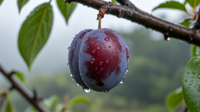 Photorealistic red plum on rain-soaked branch in garden