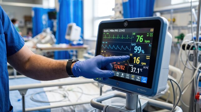Doctor hand touching patient vital signs monitor screen in hospital room, checking heart rate and blood pressure data on medical device equipment