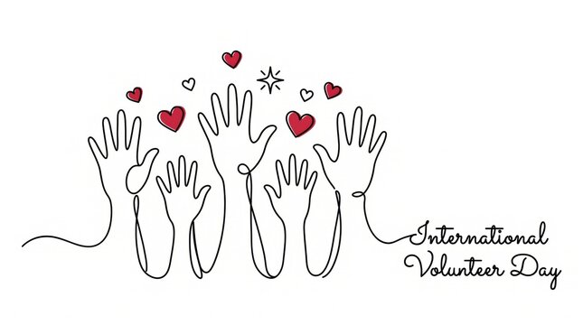 Minimalist continuous line art depicting many raised human hands celebrating international volunteer day with red heart icons on white background