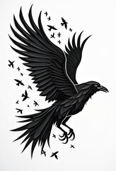 Naklejka premium Black raven spreads wings as flock flies around in dynamic motion