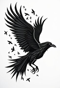 Black raven spreads wings as flock flies around in dynamic motion