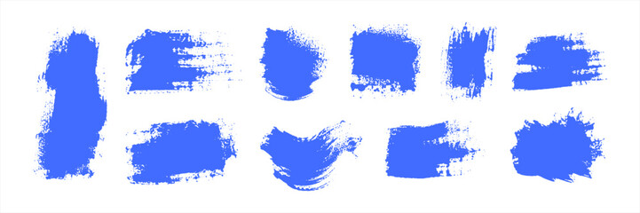Fototapeta premium Blue dry brush stroke collection with rough painted edges, distressed texture, ink splatter, and expressive artistic marks