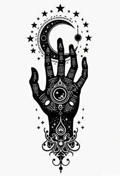 Hand holding moon and stars in mystical cosmic design